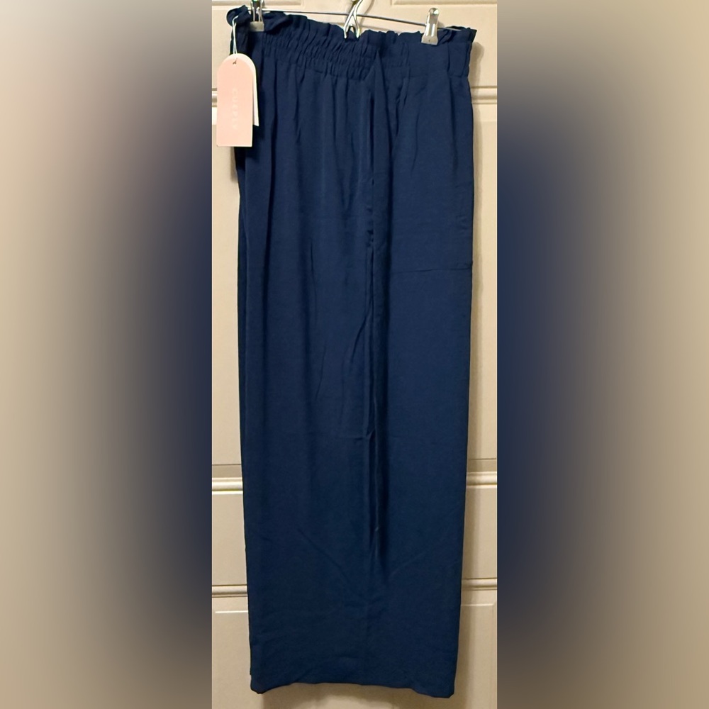 Cueply Pull On Pants in Navy Crinkle Texture Fabric and Front Self Belt Size 3X